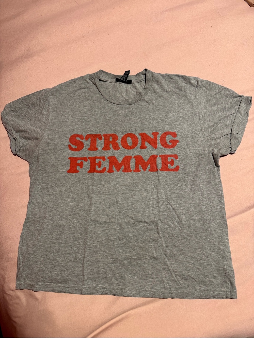 Forever 21 Gray Tee with Red "STRONG FEMME" Graphic